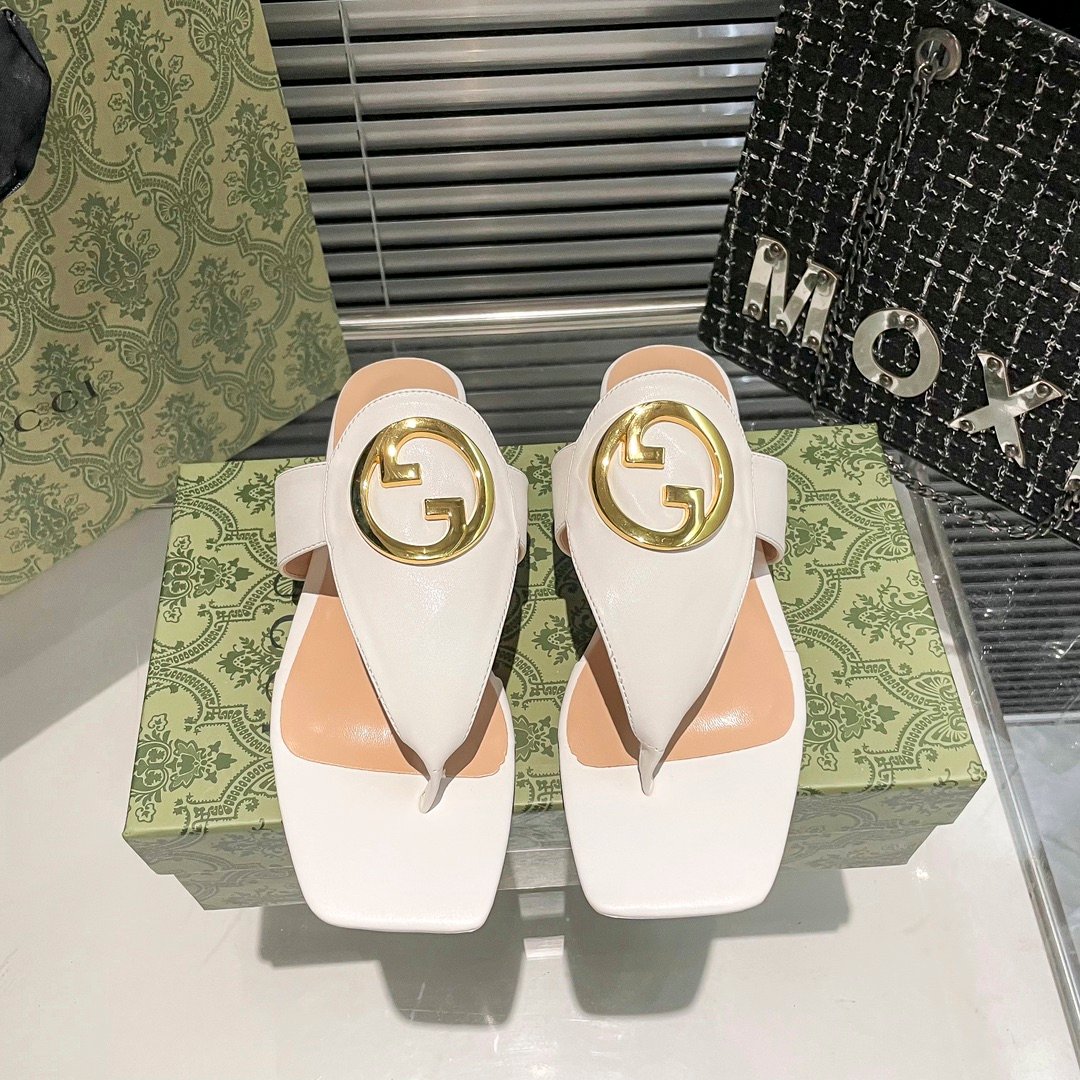 GG Double G Thong Sandal White Leather - Sandals
