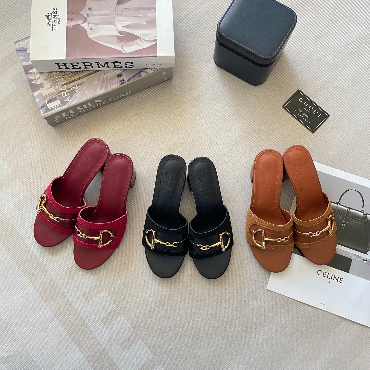 GG Horsebit Mid-Heel Slide Red, Black, Tan Leather - Heels
