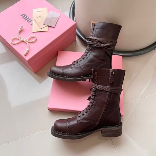 MIU Chunky Heel Lace-Up Boots Brown Leather - Boots