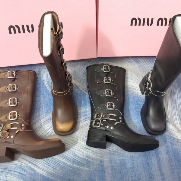 MIU Buckle Knee-High Boots Brown and Black Leather - Boots