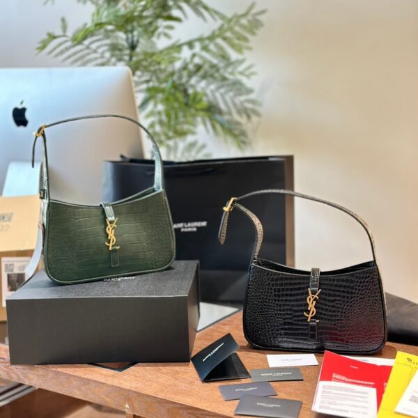 YSL Le 5 à 7 Hobo Croc-Embossed Green Leather - Bag