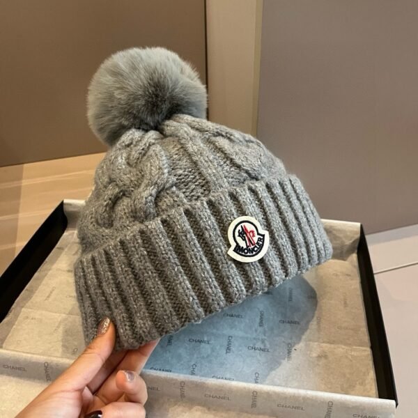 MCL Cable Knit Pom Pom Beanie Grey Wool - Hat
