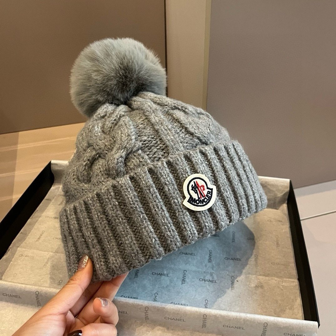 MCL Cable Knit Pom Pom Beanie Grey Wool - Hat