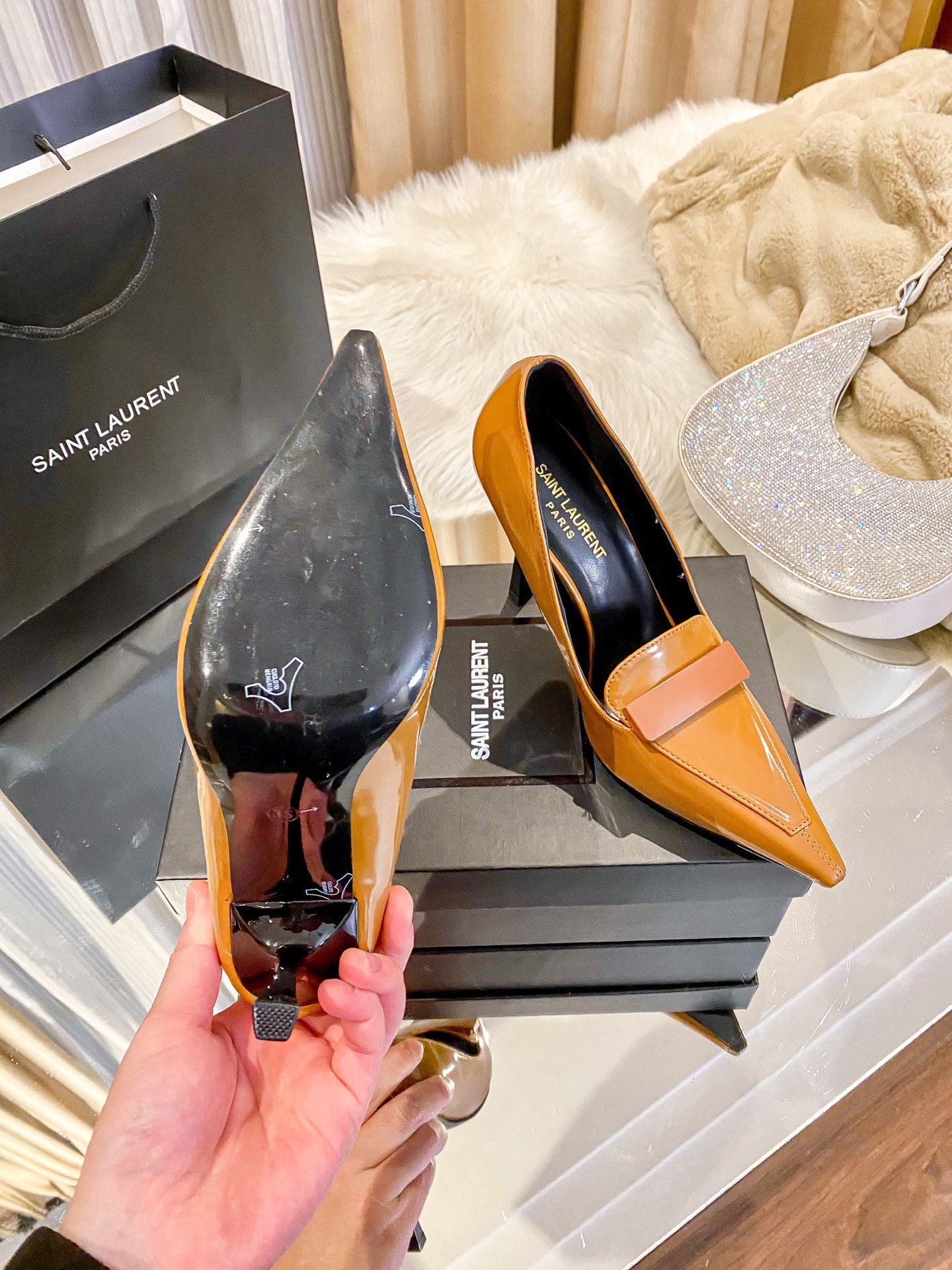 YSL New Retro Pointed Toe Pumps Tan Leather - Heels - Image 8