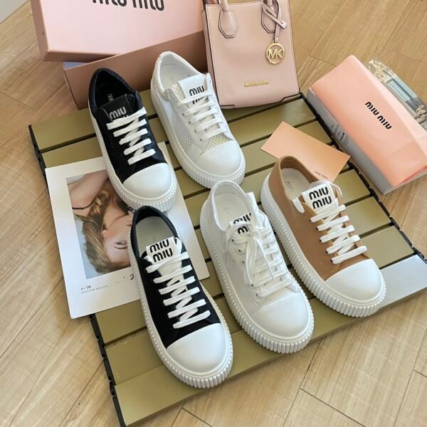 MIU Logo Sneakers Black/White/Beige Canvas - Sneakers