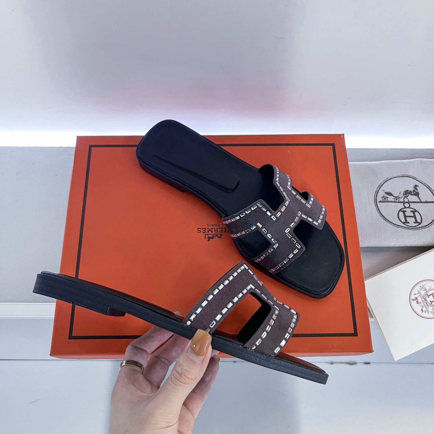 HM Oran Sandals Black Suede with Crystals - Slides - Image 6
