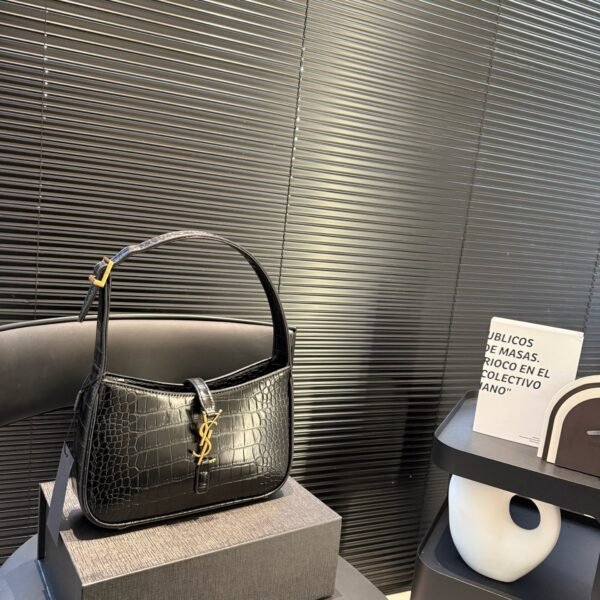 YSL Le 5 à 7 Hobo Black Croc-Embossed Leather - Bag