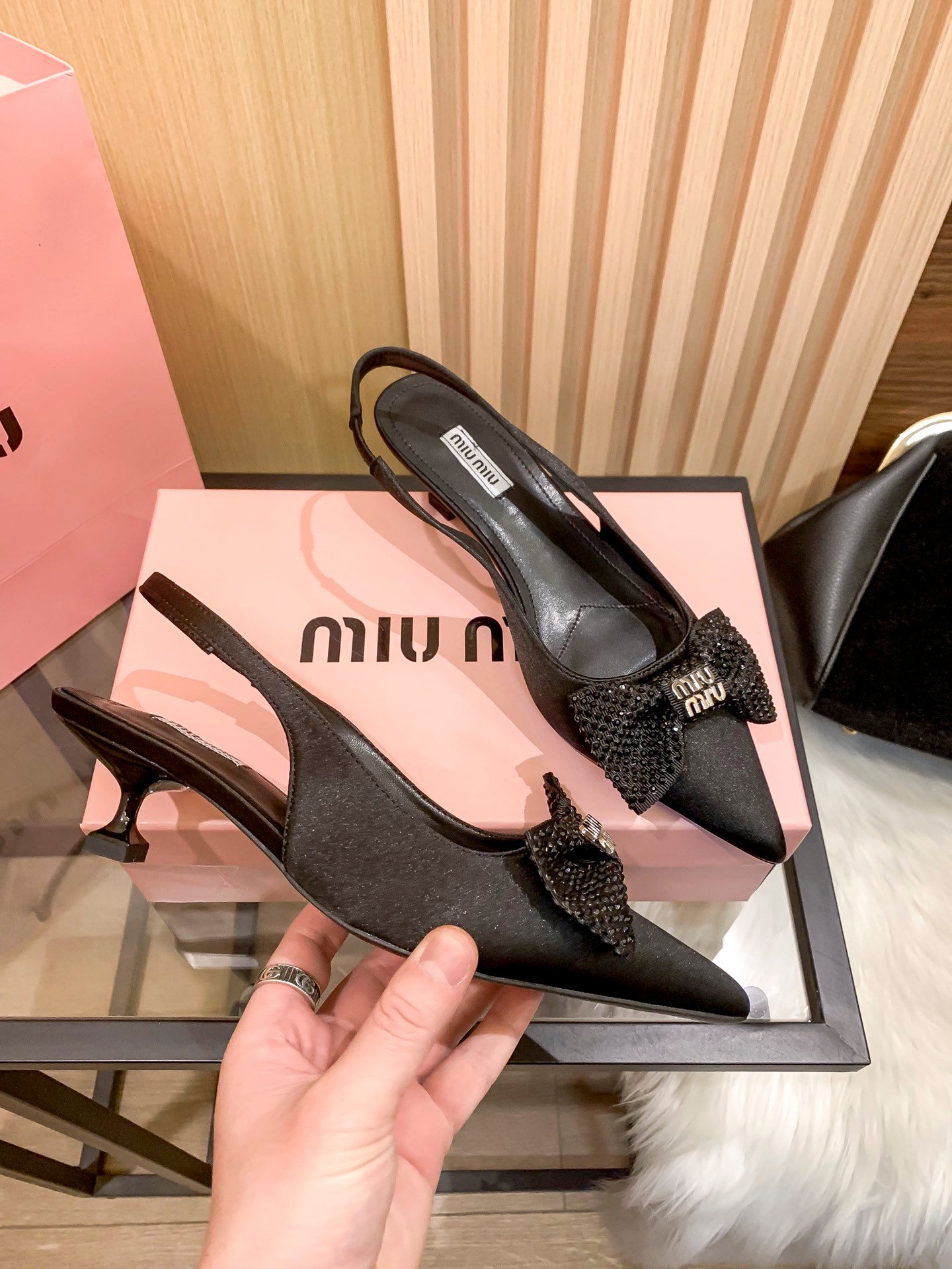 MIU Glitter Bow Slingback Black Satin - Heels - Image 6