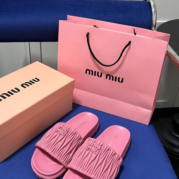 MIU Ruched Nappa Leather Slides - Slides