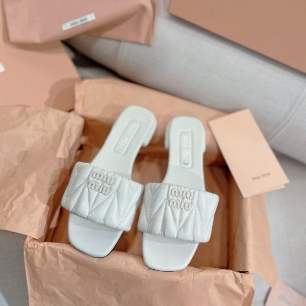 MIU Quilted Logo Slides White Leather - Slides