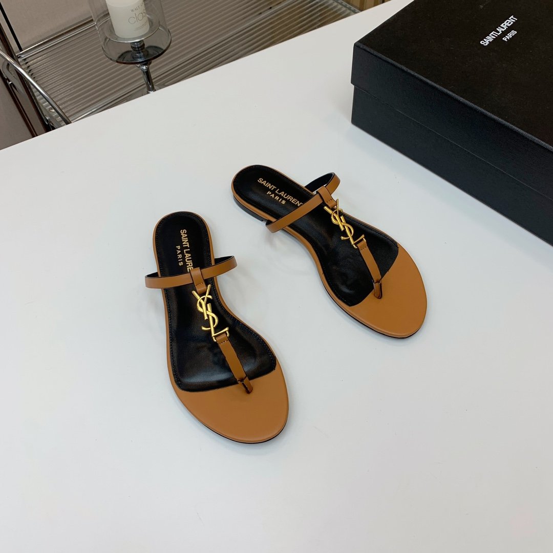 YSL Cassandra Flat Thong Sandals Tan Leather - Sandals - Image 4