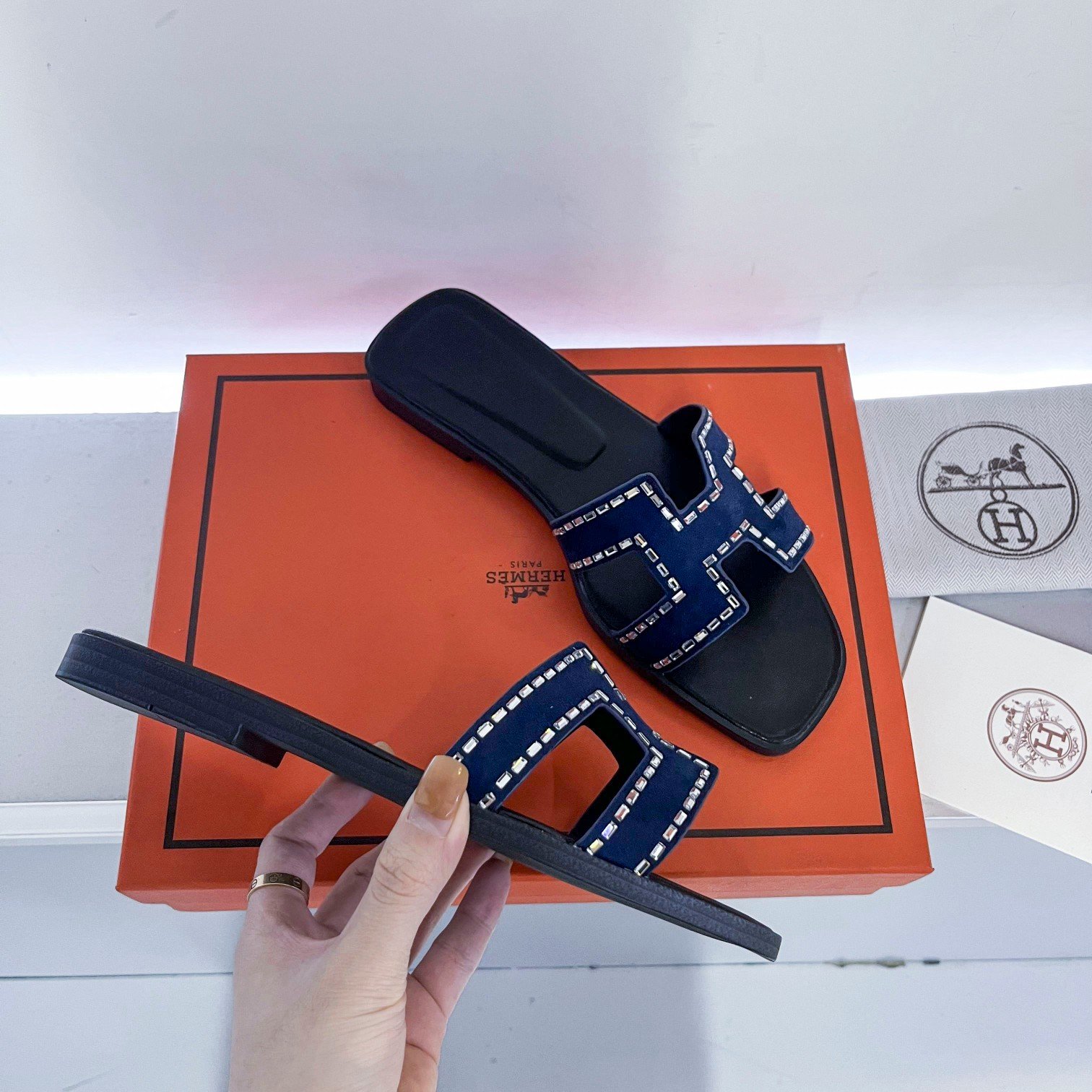 HM Oran Sandals Blue Suede with Crystals - Slides - Image 7