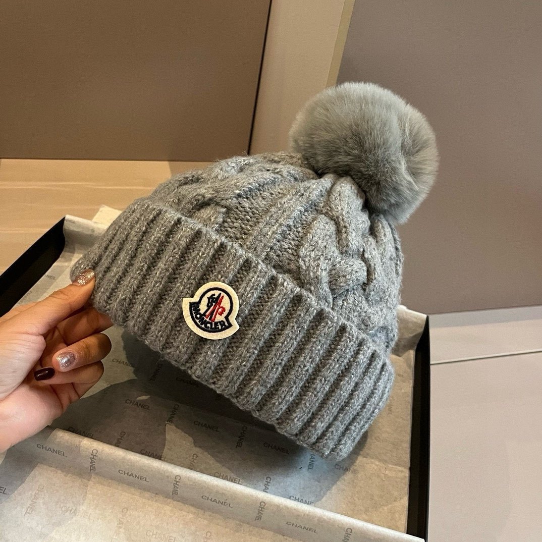 MCL Cable Knit Pom Pom Beanie Grey Wool - Hat - Image 2