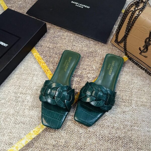 YSL Tribute Flat Sandals Green Croc Embossed Leather - Sandals