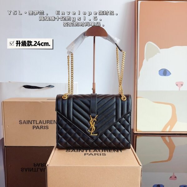 YSL Envelope Chain Wallet 24cm Black Leather - Bag