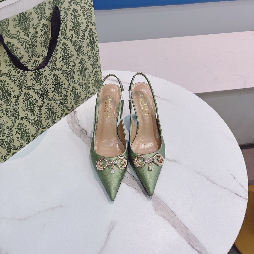 GG Horsebit Slingback Pump Green Satin - Heels