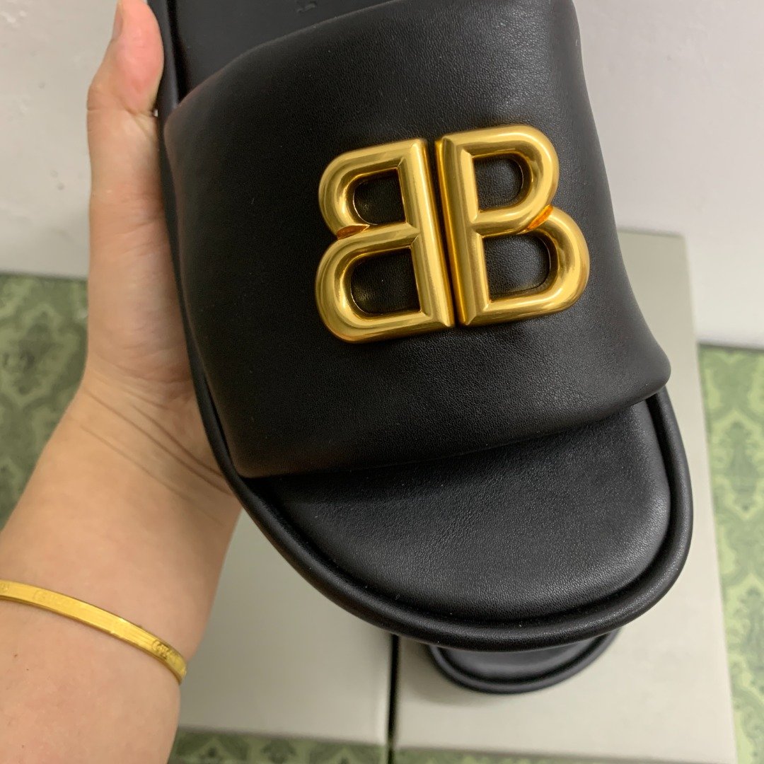 BAL Pool Slide Sandals Black Leather - Slides - Image 4