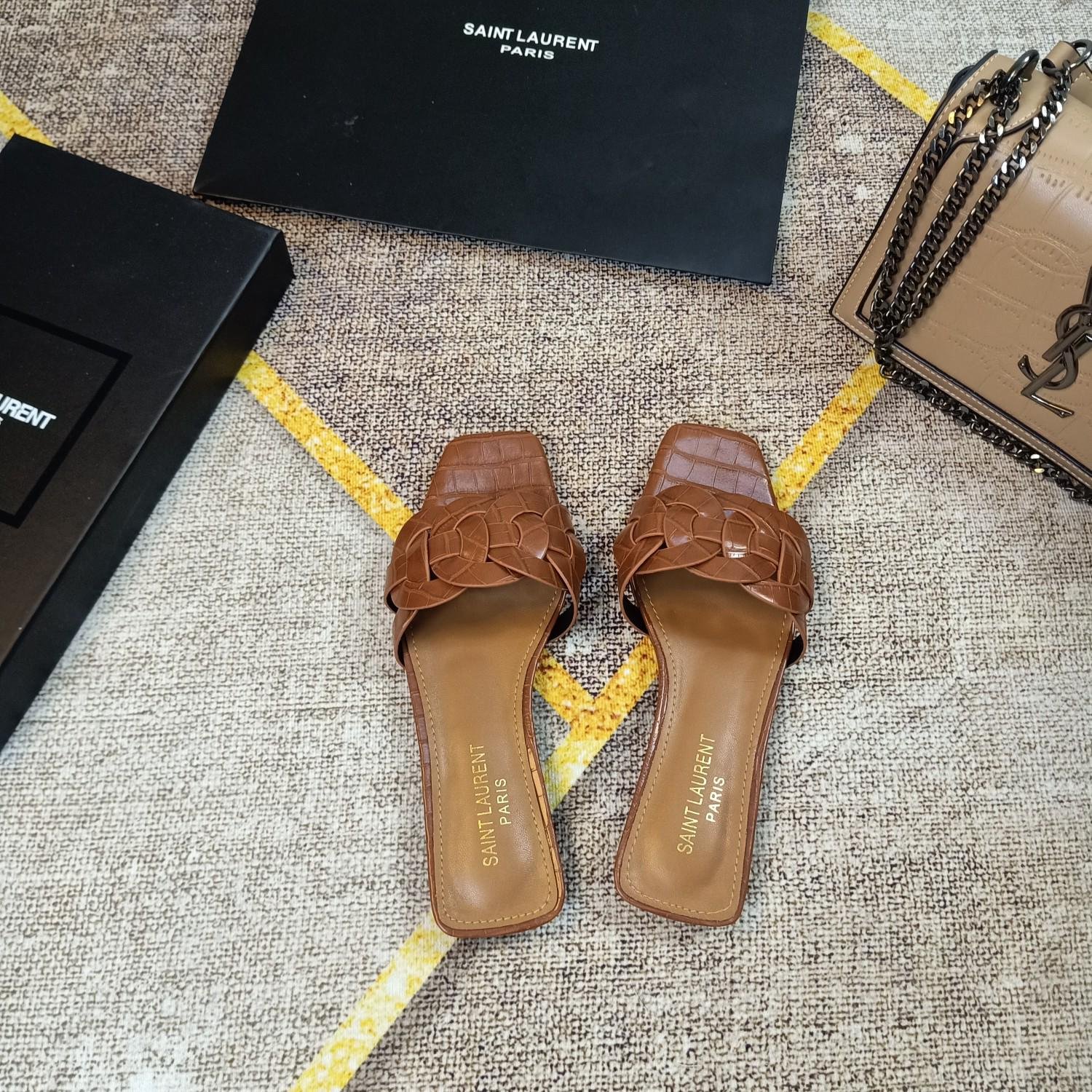 YSL Nu Pieds Tribute Brown Croc-Embossed Leather - Sandals - Image 4