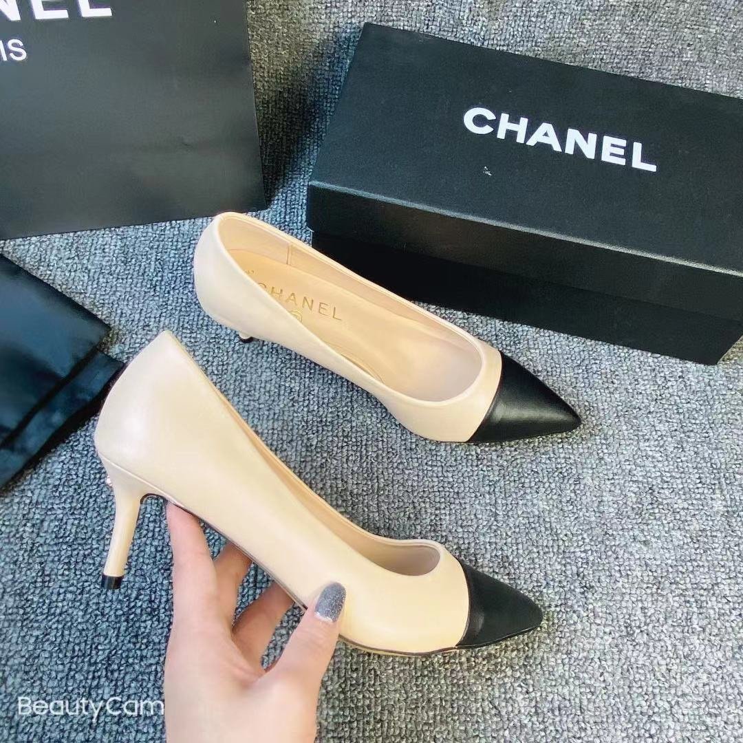 CC Two-Tone Cap Toe Pumps Beige/Black Leather - Heels - Image 6