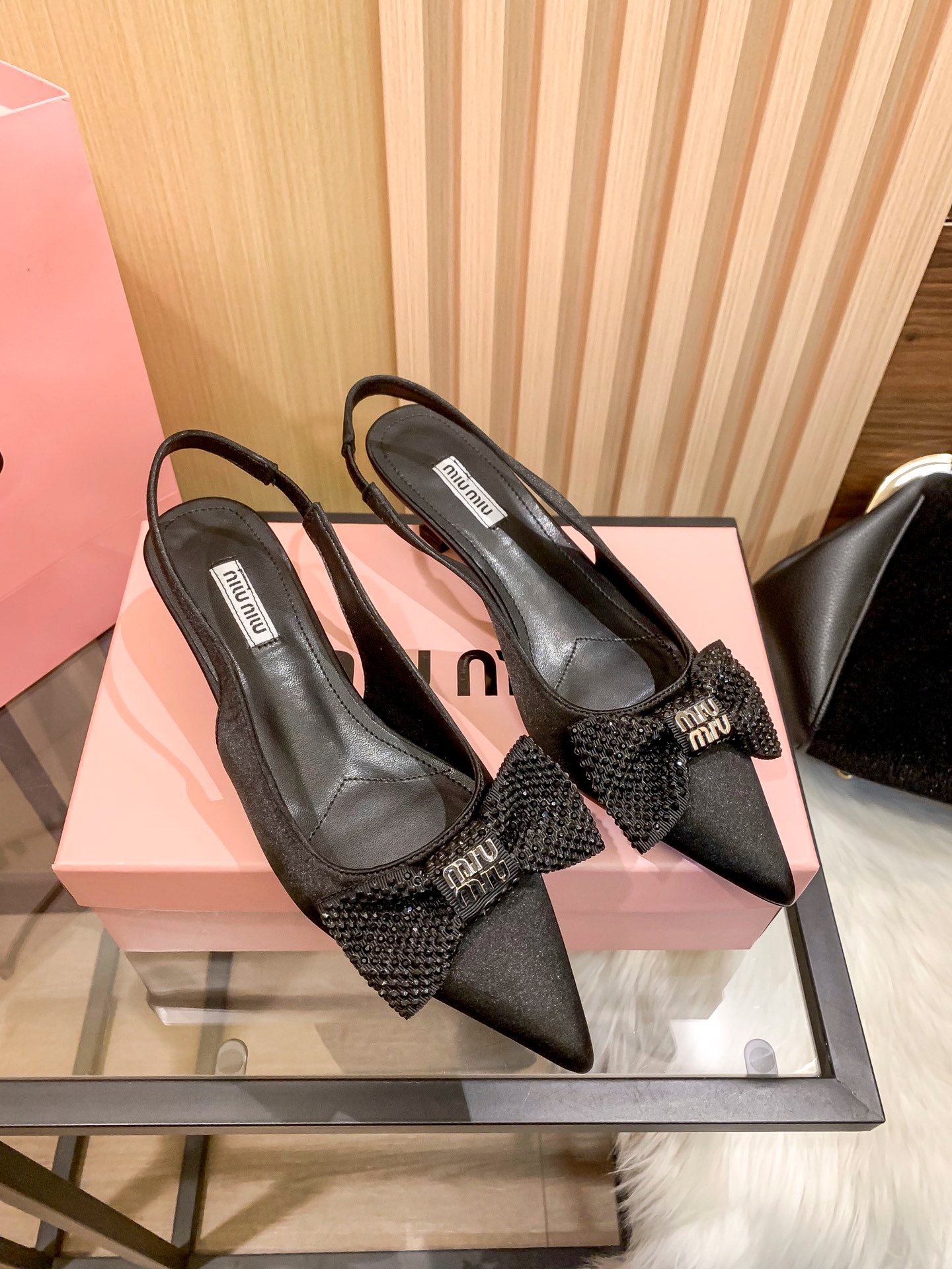 MIU Glitter Bow Slingback Black Satin - Heels - Image 4