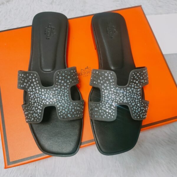 HM Oran Sandals Black Leather with Crystals - Slides