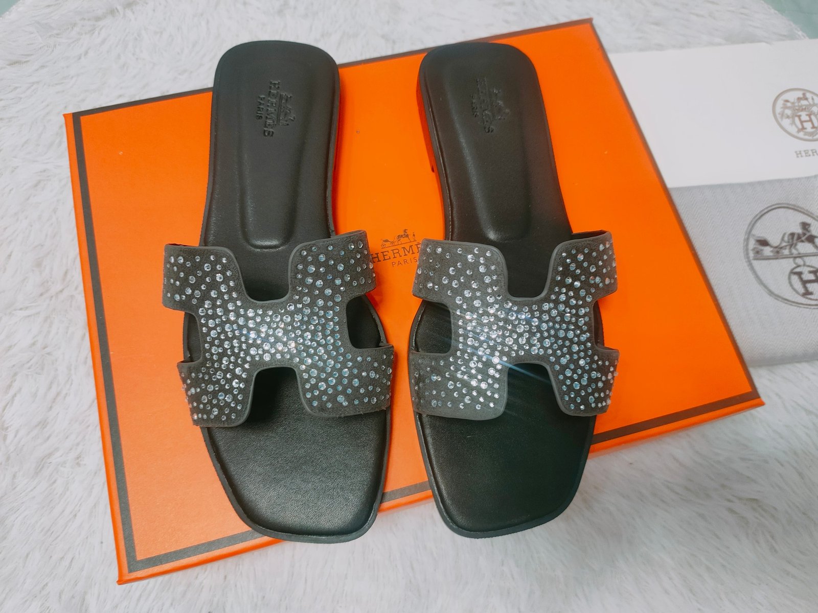 HM Oran Sandals Black Leather with Crystals - Slides