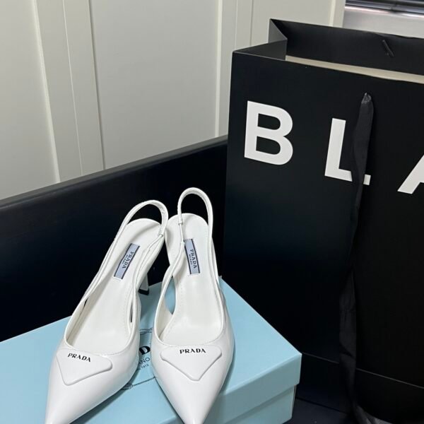 PR Triangle Logo Slingback Pumps White Leather - Heels