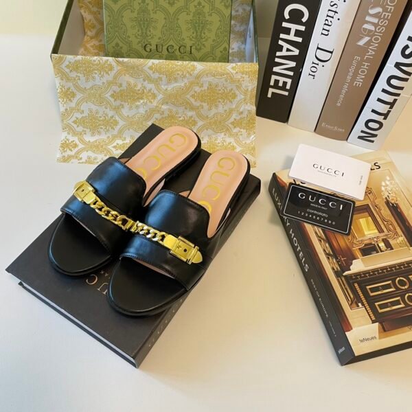 GG Leather Slide with Chain - Slides