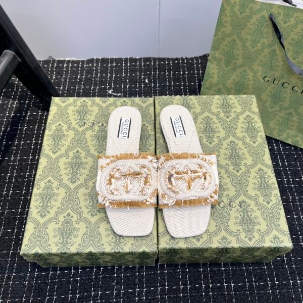 GG GG Fringe Slide Sandals Beige Canvas - Sandals