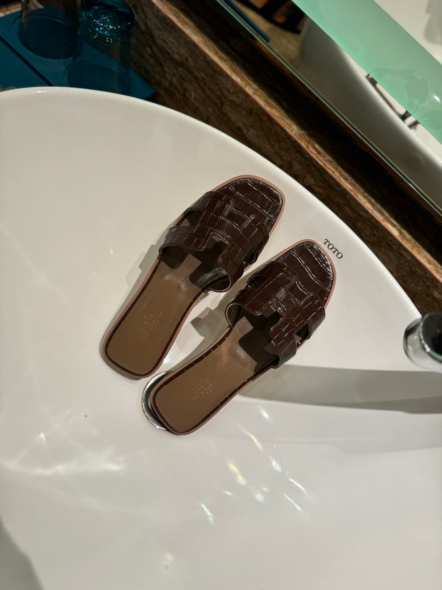 HM Oran Sandals Brown Crocodile Embossed Leather - Slides - Image 6