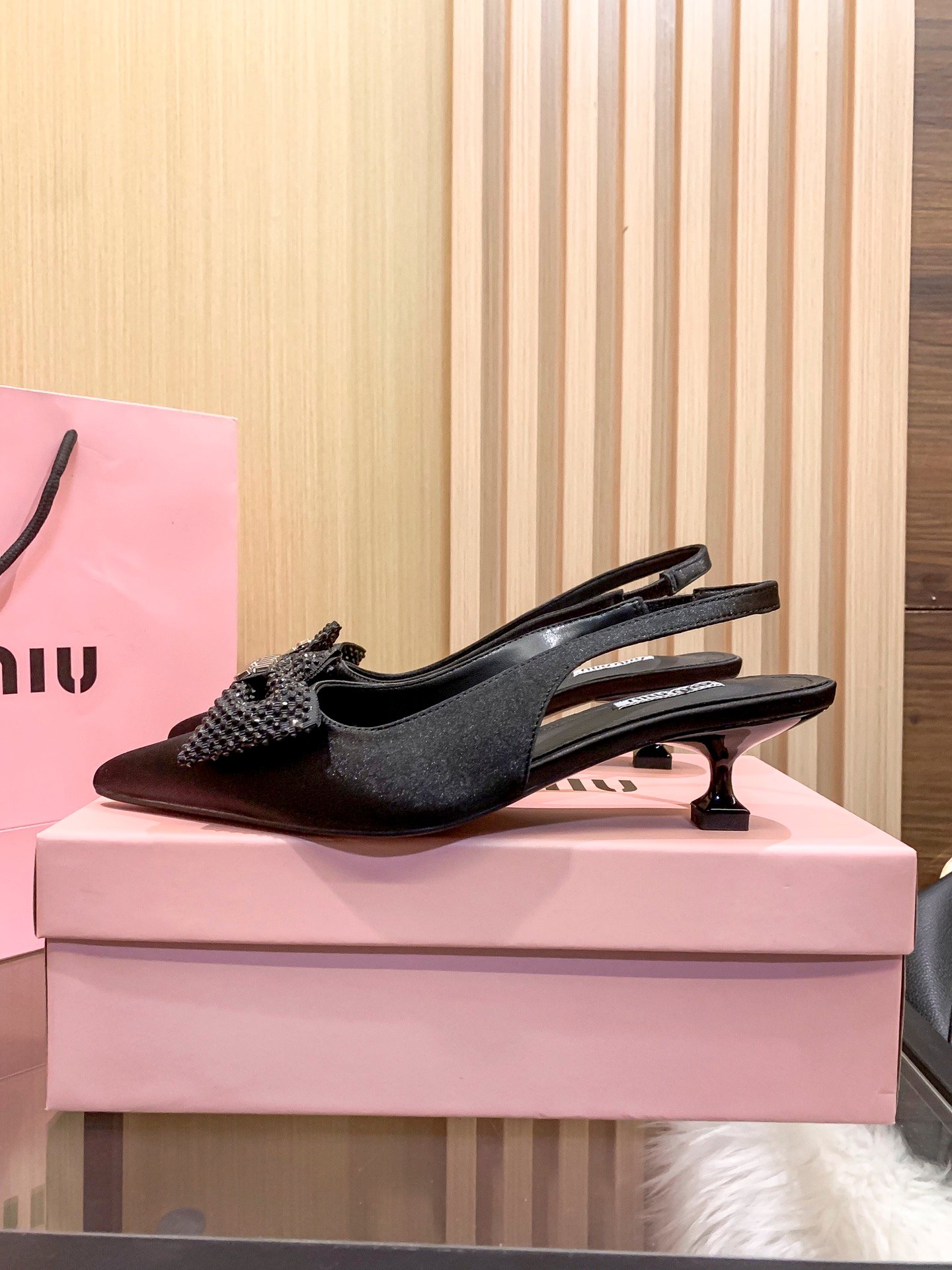 MIU Glitter Bow Slingback Black Satin - Heels - Image 3