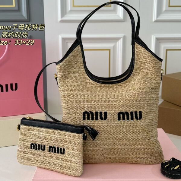 MIU Woven Tote Beige/Leather - Bag