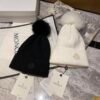 MCL Ribbed Knit Beanie with Fox Fur Pom Pom Black Wool - Hat