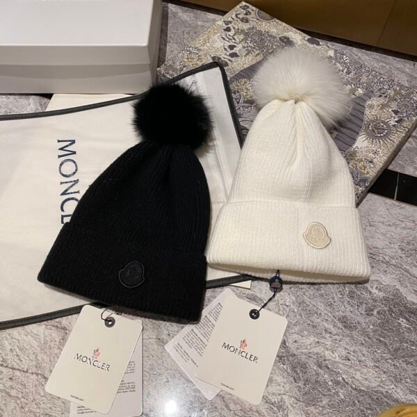MCL Ribbed Knit Beanie with Fox Fur Pom Pom Black Wool - Hat