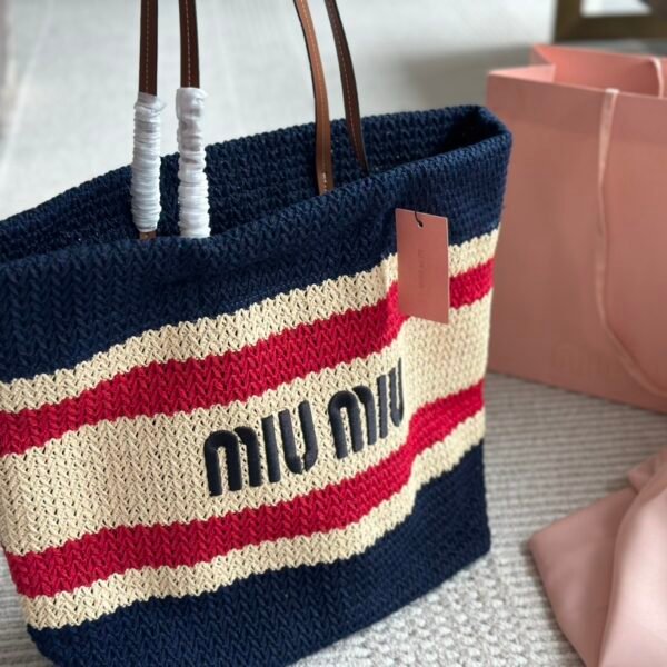 MIU Raffia Tote Navy/Red/Beige Raffia - Bag