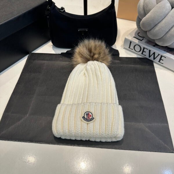 MCL Ribbed Knit Beanie with Fur Pom Pom White - Hat