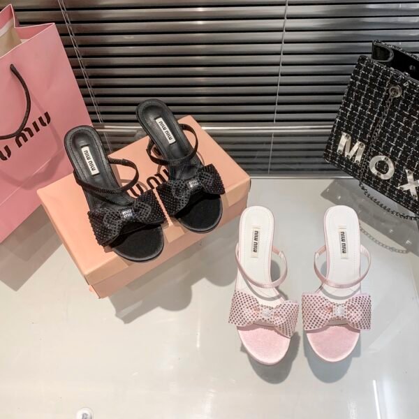 MIU Glitter Bow Sandals Black/White - Sandals