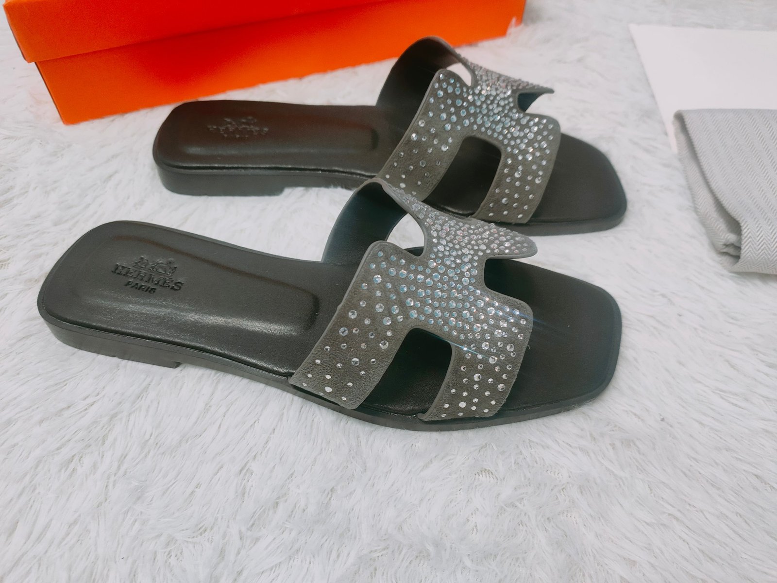 HM Oran Sandals Black Leather with Crystals - Slides - Image 6