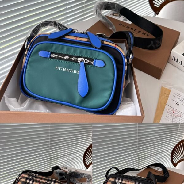 BBR Vintage Check and Leather Camera Bag Blue/Black/Beige - Bag