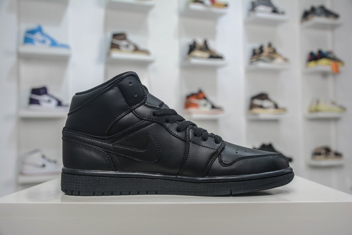 NK Air Jordan 1 Mid Triple Black Black Leather - Sneakers - Image 3
