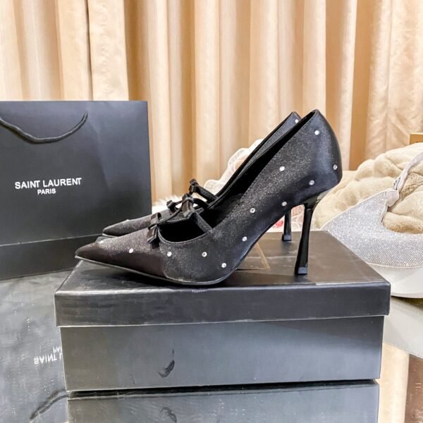 YSL Opyum Bow Crystal Embellished Pumps Black Suede - Heels