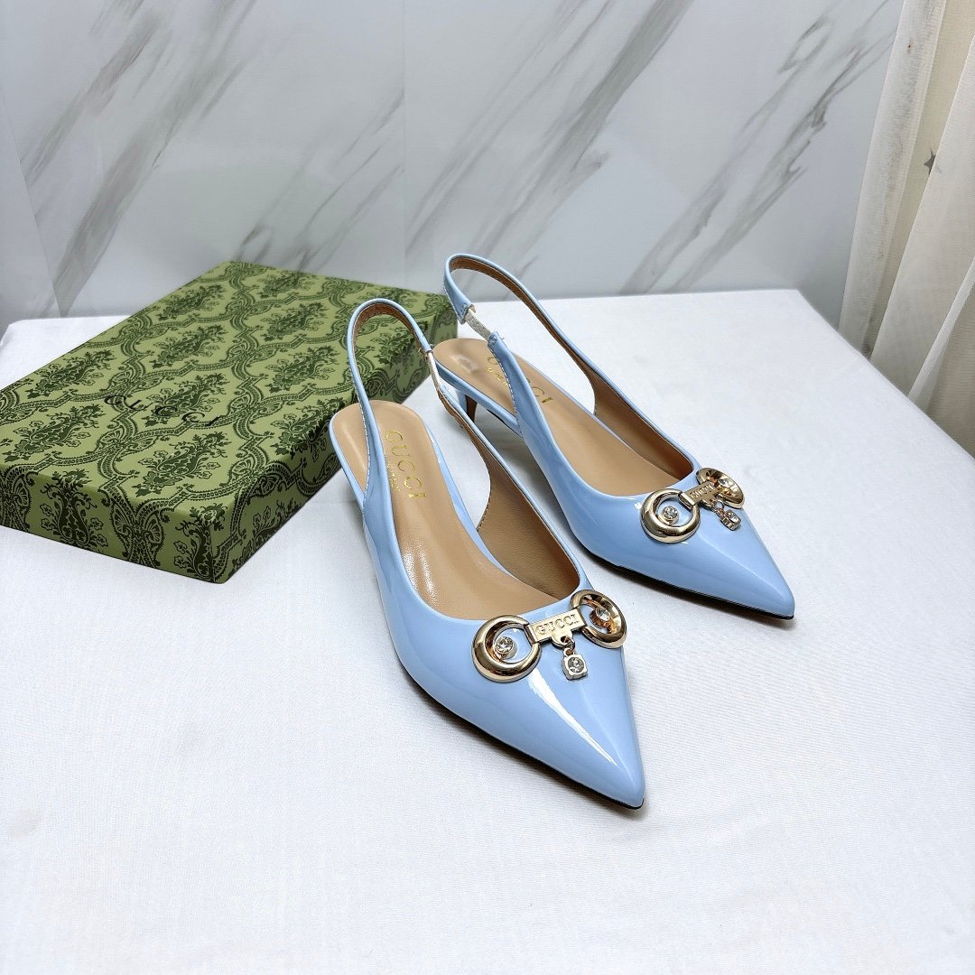 GG Horsebit Slingback Pumps Light Blue Patent Leather - Heels - Image 9