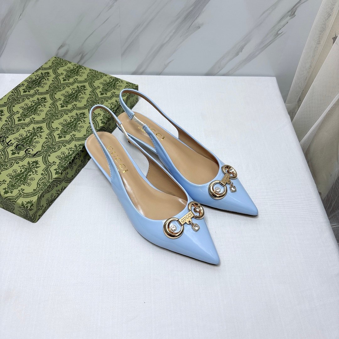 GG Horsebit Slingback Pumps Light Blue Patent Leather - Heels - Image 2