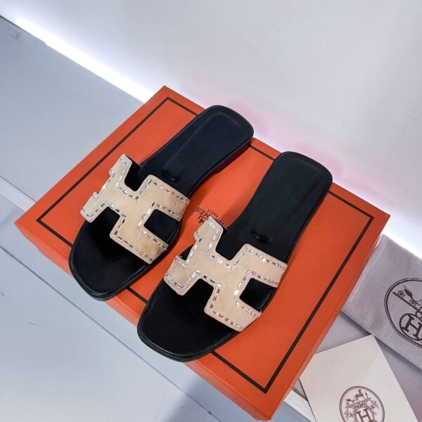 HM Oran Sandals Beige Suede with Crystals - Slides