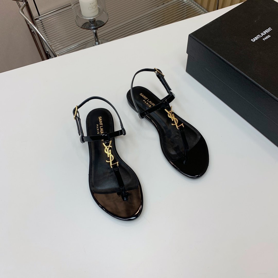 YSL Cassandra Flat Sandals Black Leather - Sandals - Image 3