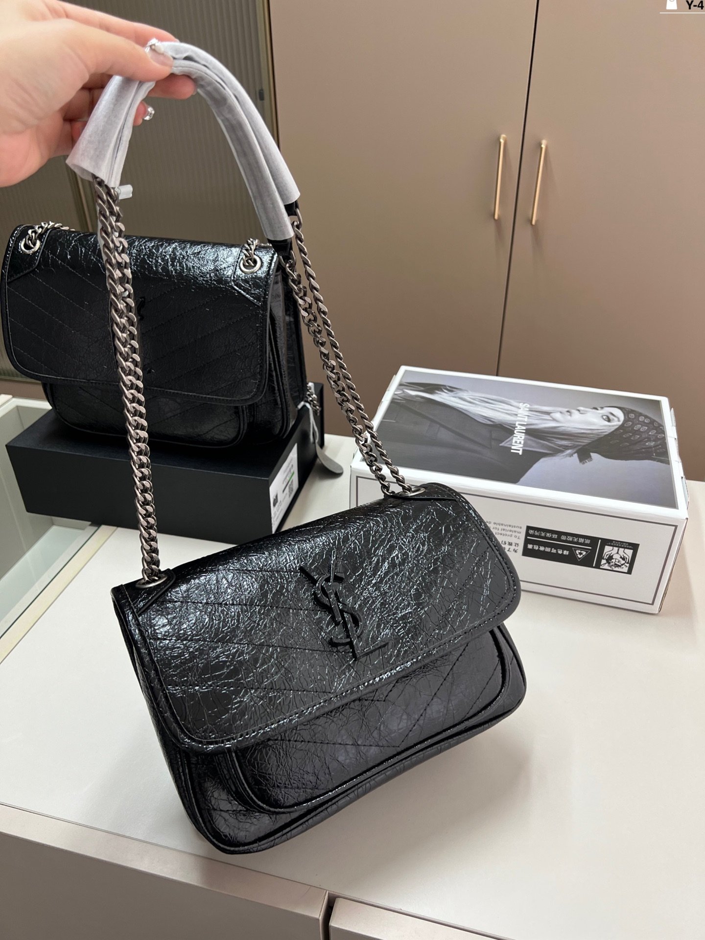 YSL Niki Medium Black Crinkled Leather - Bag