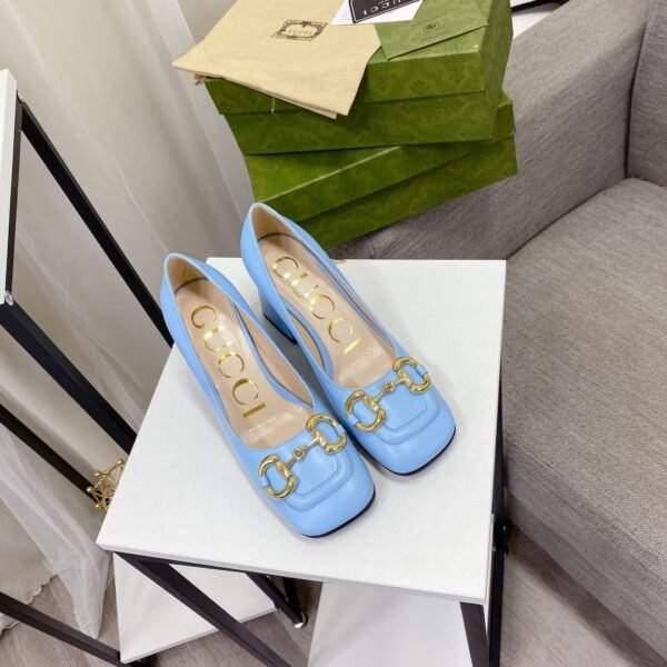 GG Horsebit Mid-Heel Pump Light Blue Leather - Heels