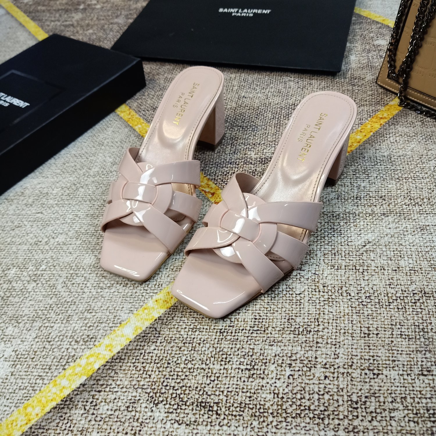 YSL Cassandra Block Heel Sandals Nude Patent Leather - Heels