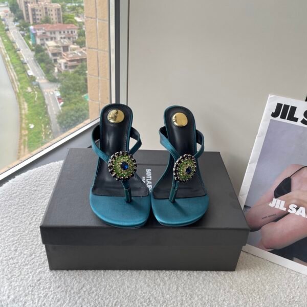 YSL Tribute Gem Sandals Teal Satin - Heels