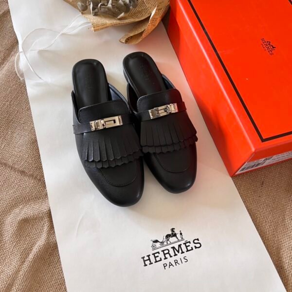 HM Kelly Lock Fringe Mule Black Leather - Shoes